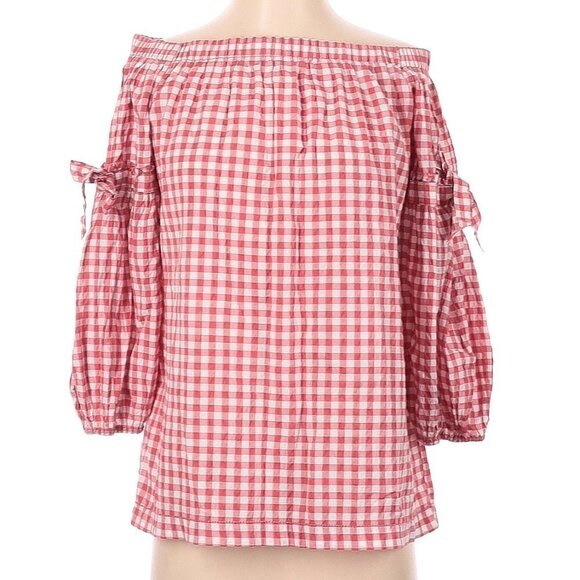 Max Studio Off Shoulder Blouse Red White Gingham - Picture 1 of 13